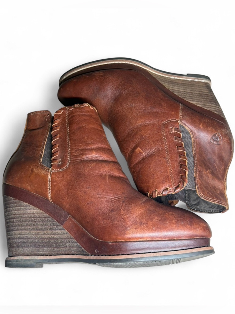 Ariat Brown Leather Wedge Ankle Boots Western Boho Cowgirl Booties Women’s 9.5B